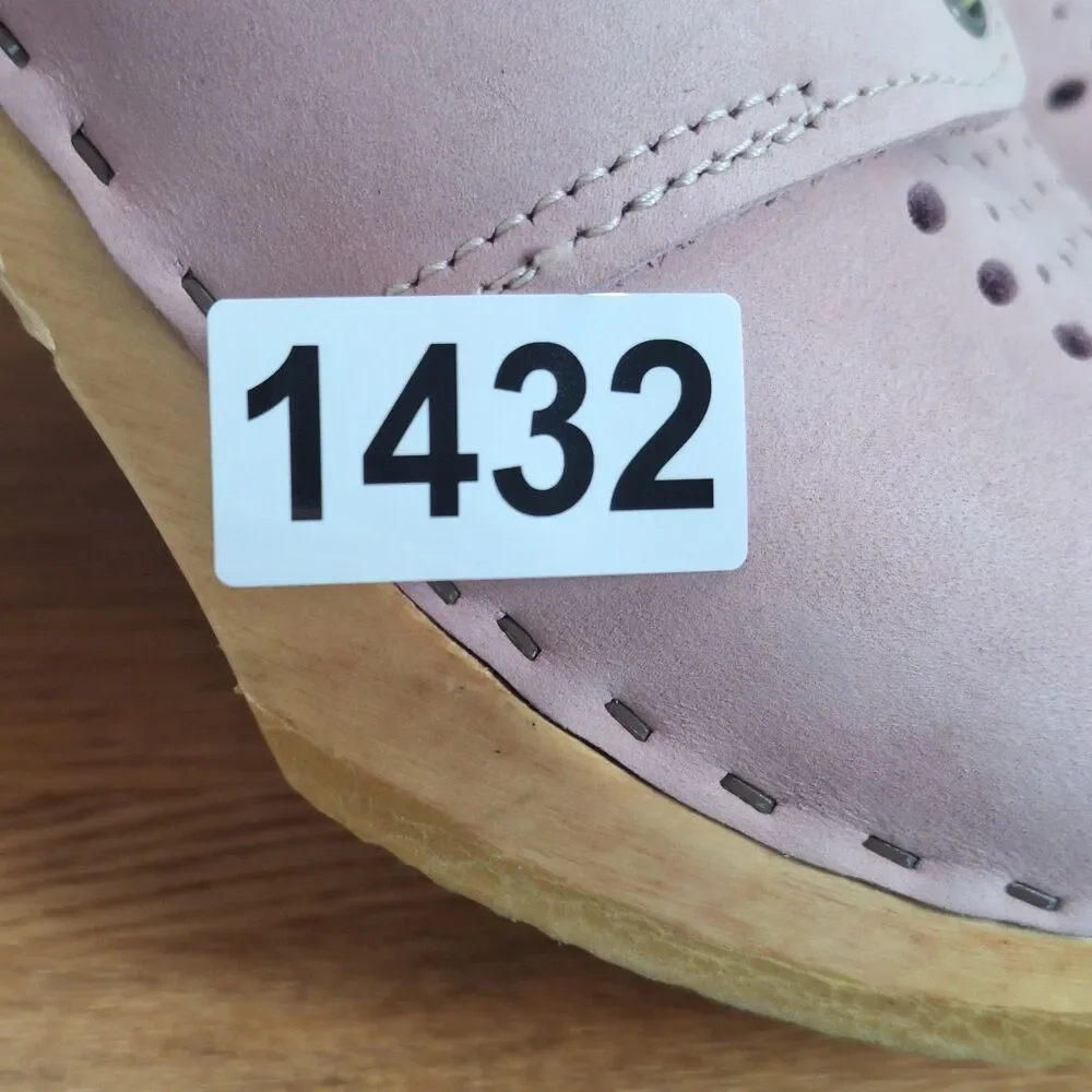 Sven Women's US 9.5-10 EU 40 Lace-Up Clogs Tan Pink Circle Punch Leather Sweden - Picture 11 of 11